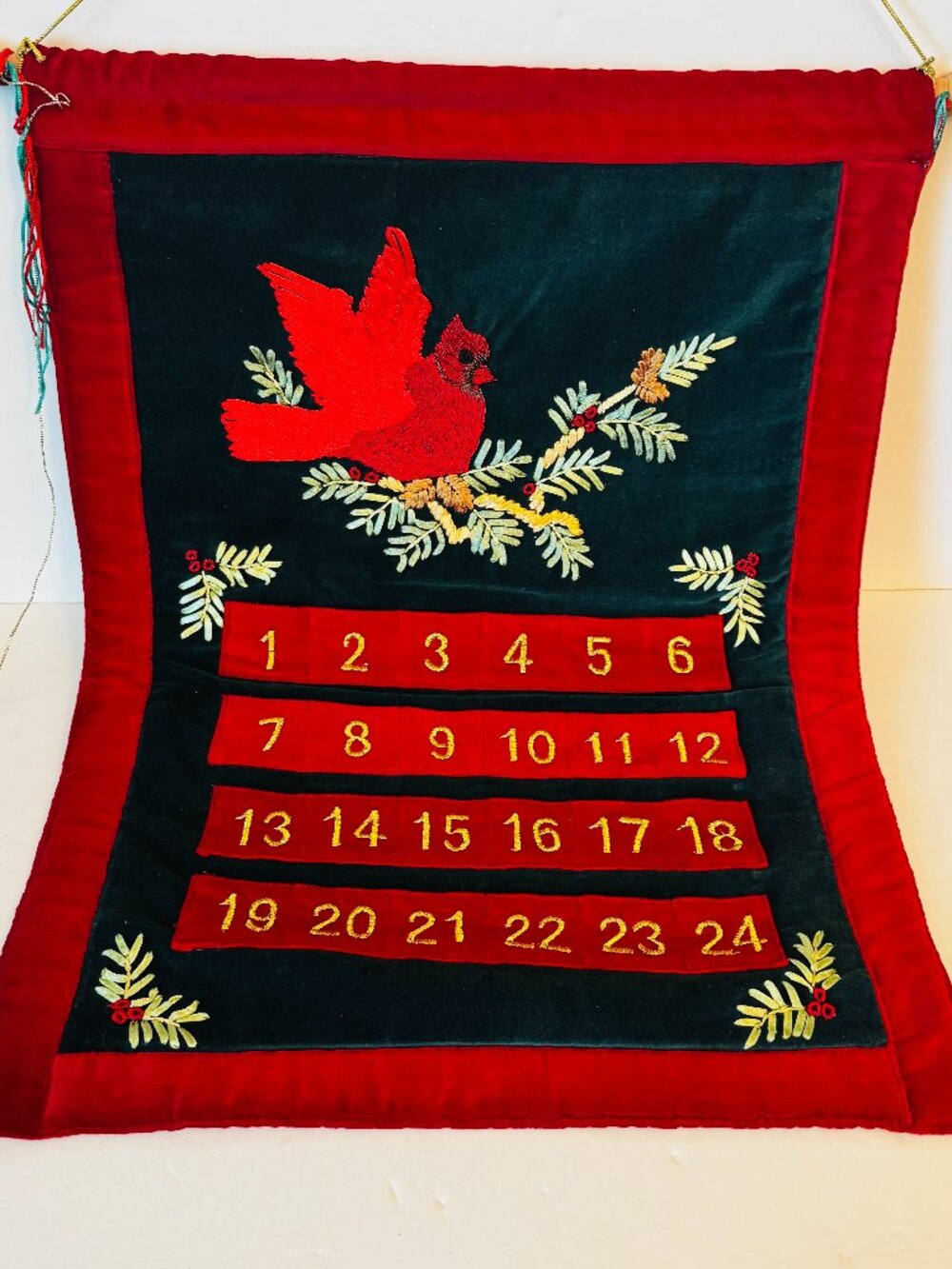 Vtg 2002 Fabric Wall Hanging 21x16" Advent Calendar Embroidered Red Cardinal